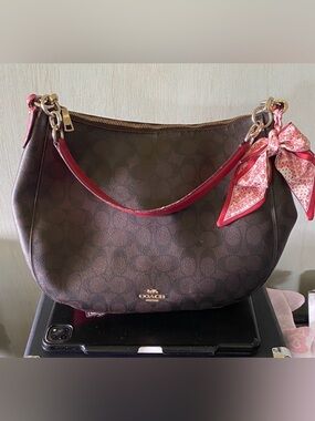 Coach Brown Signature Shoulder Bag with Red Trim and Scarf